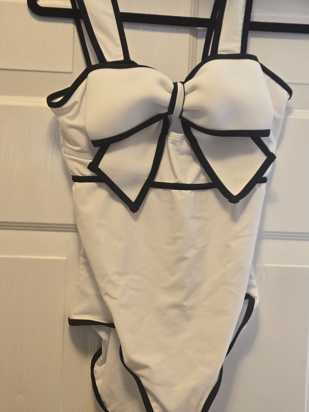 White One-Piece Swimsuit with Black Trim and Bow Size Small NWOT